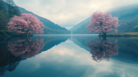 This serene landscape features stunning cherry blossom trees, their pink hues reflecting beautifully in calm water, surrounded by misty mountains. Ideal for relaxation!の素材