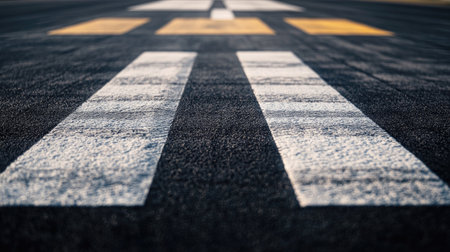 A detailed close-up view of road markings on an asphalt surface, showcasing white and yellow lines under bright daylight, perfect for urban transport themes.の素材