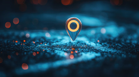 A vibrant neon map pin marker stands prominently against an abstract blue glitter background, symbolizing navigation and location. Ideal for travel and technology themes.の素材