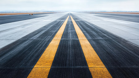 A captivating view of a smooth asphalt runway showcasing yellow centerline stripes, emphasizing a sense of journey and travel in an open landscape.の素材