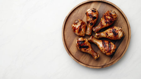 Succulent grilled chicken drumsticks arranged on a rustic wooden platter, perfect for a summer barbecue or a family dinner. A vibrant and delicious meal option.の素材