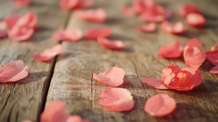 A beautiful arrangement of delicate pink petals scattered on a rustic wooden surface, creating a serene and romantic atmosphere perfect for events or decorations.の素材
