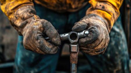 Close-up view of skilled worker hands gripping a wrench, showcasing detailed craftsmanship in a gritty industrial setting. Perfect for mechanic-related themes.の素材