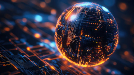 Immerse yourself in this stunning digital artwork featuring a glowing globe intertwined with intricate circuit patterns, embodying advanced technology and innovation.の素材