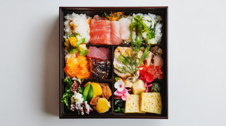 Vibrant Japanese bento box filled with assorted fresh ingredients, showcasing a blend of seafood, vegetables, and rice, ideal for culinary enthusiasts.の素材