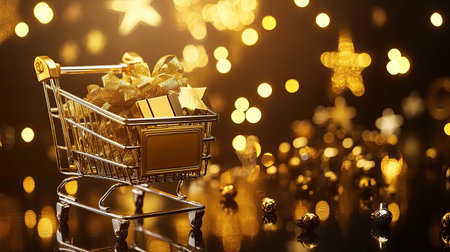 A sparkling golden shopping cart filled with beautifully wrapped gifts against a backdrop of twinkling holiday lights, evoking a festive shopping spirit.の素材