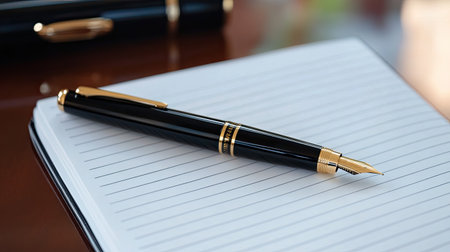A closeup of an elegant fountain pen resting on an open notebook, showcasing its sleek design and gold accents, perfect for capturing ideas and thoughts.の素材