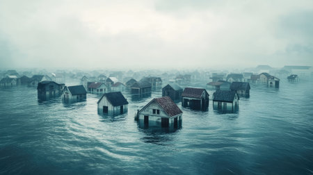 This image captures a surreal flooded village with houses partially submerged in water. The gloomy atmosphere and mist create a haunting yet captivating landscape.の素材