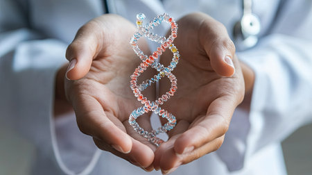 A detailed image of hands gently holding a DNA model, symbolizing the importance of genetics in medical research and health advancements.の素材