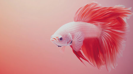 Stunning portrait of a betta fish showcasing its flowing red and pink fins against a soft pastel background, creating a serene and vibrant underwater scene.の素材