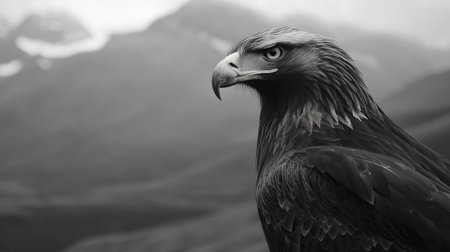 A stunning monochrome portrait of a golden eagle in a dramatic landscape. The image captures the essence of wildlife, showcasing the bird's powerful gaze and intricate feathers.の素材