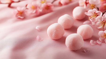 This enchanting image features delicate pink sweets resting on a soft surface, surrounded by cherry blossom petals, perfect for spring celebrations and desserts.の素材