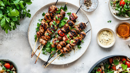 Enjoy a vibrant plate of grilled skewers that showcase fresh herbs and colorful ingredients, perfect for any summer meal or outdoor gathering.の素材