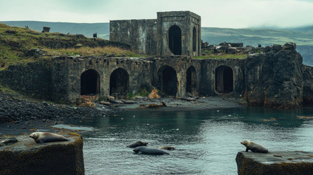 A serene coastal scene featuring seals resting on rocks near ancient ruins, showcasing the rugged beauty of the Icelandic landscape under a cloudy sky.の素材