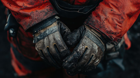 A detailed close-up shot showing dirty work gloves held together, symbolizing hard work and dedication in industrial environments. Perfect for depicting labor and resilience.の素材