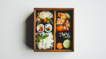 A beautifully arranged sushi platter featuring rice, fresh vegetables, and an assortment of fish. Perfect for a healthy meal or snack option.の素材