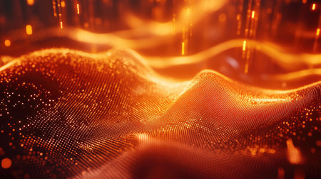 Stunning abstract image depicting waves of light in vibrant orange and gold hues. The shimmering texture creates an atmospheric and dynamic visual experience.の素材