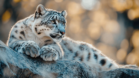 A stunning snow leopard lounges on a rock, showcasing its beautiful fur and calm demeanor. The blurred background enhances the serene atmosphere of its natural habitat.の素材