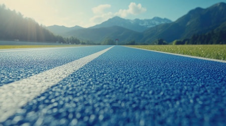 A stunning blue running track stretches towards majestic mountains under a clear sky, inviting athletes for a refreshing outdoor workout amidst nature.の素材