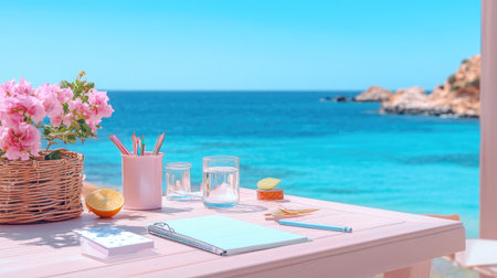 A serene beachside workspace featuring a notebook, colorful flowers, and refreshing drinks, perfect for creativity and relaxation in a tropical paradise.の素材