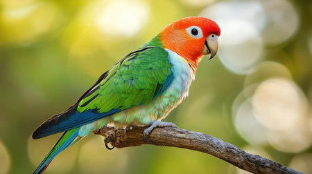 A vibrant parrot perches on a branch, displaying stunning feathers in shades of green, orange, and red. The soft blurred background enhances its beauty.の素材