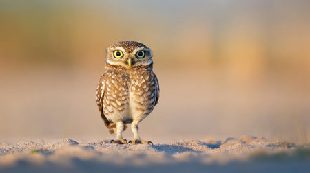 A delightful little owl stands confidently on sandy terrain, showcasing its vibrant eyes and intricate feather patterns. The calm scene captures the essence of nature and wildlife.の素材