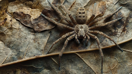 A detailed close-up of a brown spider resting on dry autumn leaves showcases the intricate texture and camouflage of this unique arachnid in its natural habitat.の素材