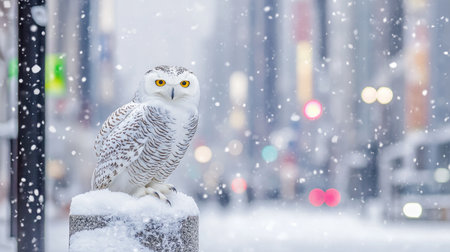 A beautiful snowy owl sits majestically on a snow-covered perch amidst a tranquil winter urban landscape, showcasing its striking yellow eyes and feathers in falling snow.の素材