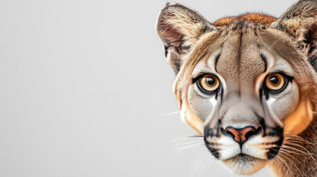 This stunning close-up image captures the striking face of a cougar, showcasing its unique facial markings and intense gaze, emphasizing the beauty of wildlife.の素材