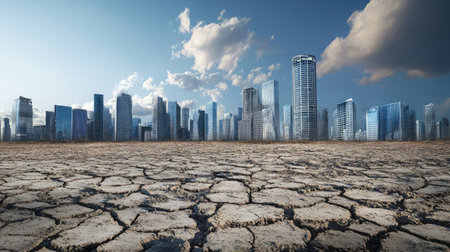 A striking image of a modern city skyline juxtaposed against cracked dry ground, highlighting the impact of climate change and urban development.の素材
