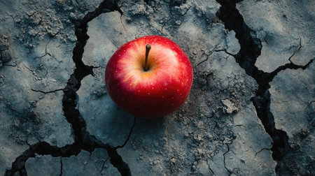 A striking red apple positioned on dry, cracked soil symbolizes the impact of drought on agriculture. This image captures the contrast of life and desolation, evoking thought on environmental issues.の素材