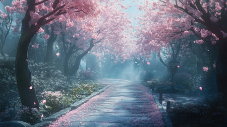 Explore a tranquil cherry blossom pathway surrounded by blooming trees. This serene forest scene captures the beauty of nature in spring, inviting reflection and calm.の素材