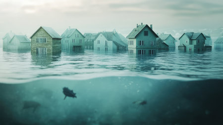 This image depicts homes partially submerged in water, showcasing the dramatic effects of flooding. It reflects the serene yet eerie nature of submerged architecture.の素材
