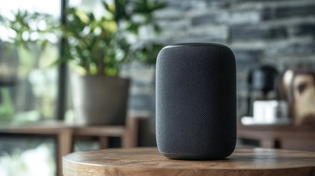 A sleek black Bluetooth speaker positioned elegantly on a wooden table in a modern living room, showcasing a blend of technology and stylish decor elements.の素材