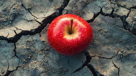 A striking red apple rests on cracked dry ground, highlighting the challenges of drought and climate change. This image symbolizes resilience and the need for sustainable agriculture.の素材
