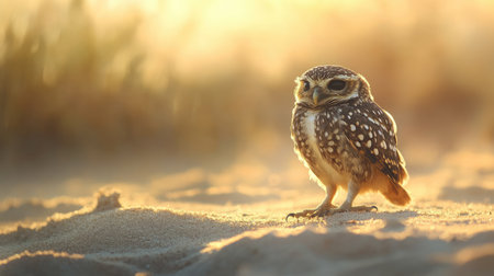 A charming small owl stands on sandy ground during sunset, featuring beautiful soft light and a serene atmosphere. Ideal for nature enthusiasts and wildlife photography.の素材