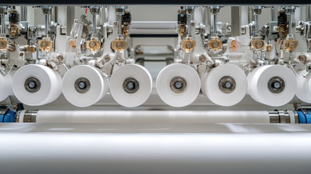 This image showcases a detailed view of industrial fabric production, highlighting spools of thread on advanced machinery in a seamless assembly. Ideal for textile industry themes.の素材