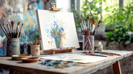 A vibrant art workspace features an easel with a watercolor painting of flowers. Surrounding supplies and brushes create a creative atmosphere full of color.の素材