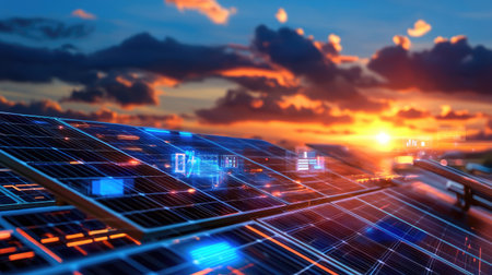 A stunning view of solar panels during sunset, showcasing vibrant colors and advanced technology with a digital overlay, highlighting renewable energy potential.の素材