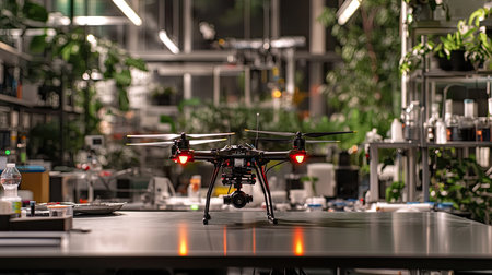 A drone is positioned on a table in a contemporary laboratory, surrounded by lush green plants and advanced equipment, highlighting innovation and technology.の素材