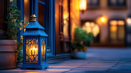 A beautifully designed lantern casts a warm light on a charming evening pathway, creating a peaceful and inviting atmosphere perfect for outdoor spaces.の素材