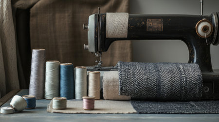 A vintage sewing machine stands on a wooden table, surrounded by spools of colorful thread and fabric, capturing the essence of artisanal craftsmanship and creativity.の素材