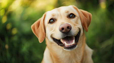 A cheerful Labrador Retriever captures joy with its warm smile and sparkling eyes. Set against a lush green background, the image conveys playfulness and companionship.の素材