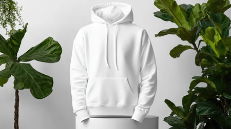 A pristine white hoodie is presented elegantly against lush green plants, capturing a stylish minimalist aesthetic. Ideal for fashion showcases or design mockups.の素材