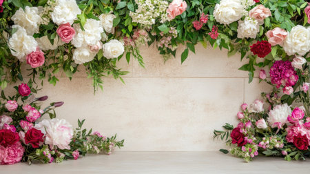 A vibrant floral arrangement featuring roses and peonies on a neutral backdrop, perfect for spring and summer events, enhancing any decorative theme.の素材
