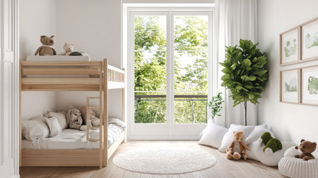 Bright and cozy children's bedroom featuring a stylish bunk bed, soft toys, and natural plants, creating a peaceful and inviting atmosphere for play and rest.の素材