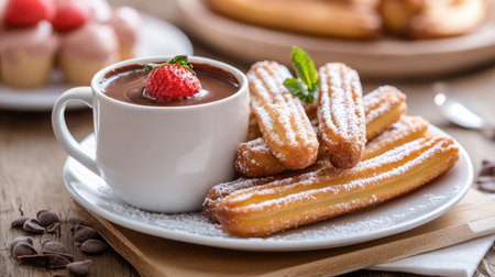 A tempting plate of churros served with a rich chocolate sauce, garnished with a fresh strawberry. Ideal for dessert lovers who appreciate sweet indulgence.の素材