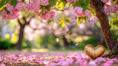A stunning view of a cherry blossom tree with delicate pink flowers, complemented by a sparkling heart decoration on the ground, symbolizing love and beauty in nature.の素材