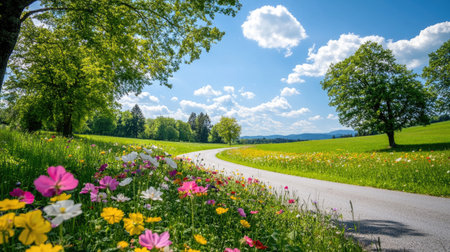 A picturesque meadow features a winding pathway surrounded by vibrant flowers under a clear blue sky, creating a tranquil scene perfect for nature lovers.の素材