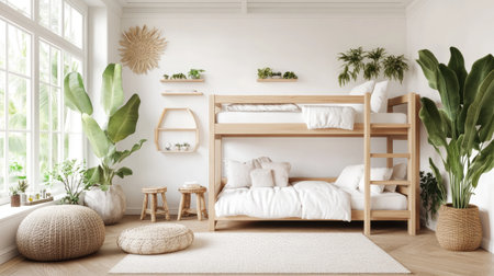 This modern bedroom features a stylish bunk bed adorned with soft bedding, surrounded by lush greenery. The bright space exudes comfort and tranquility, perfect for relaxation.の素材